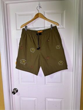Men's Olive Green Floral Embroidered Athletic Shorts